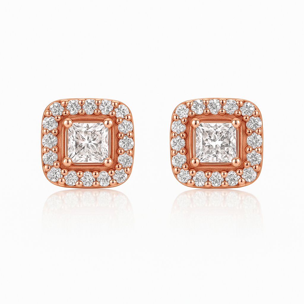 Rose Gold Square Halo CZ Studs