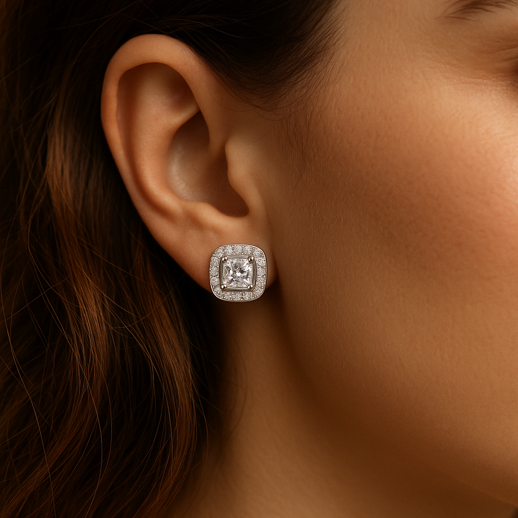 Silver Square Halo CZ Studs