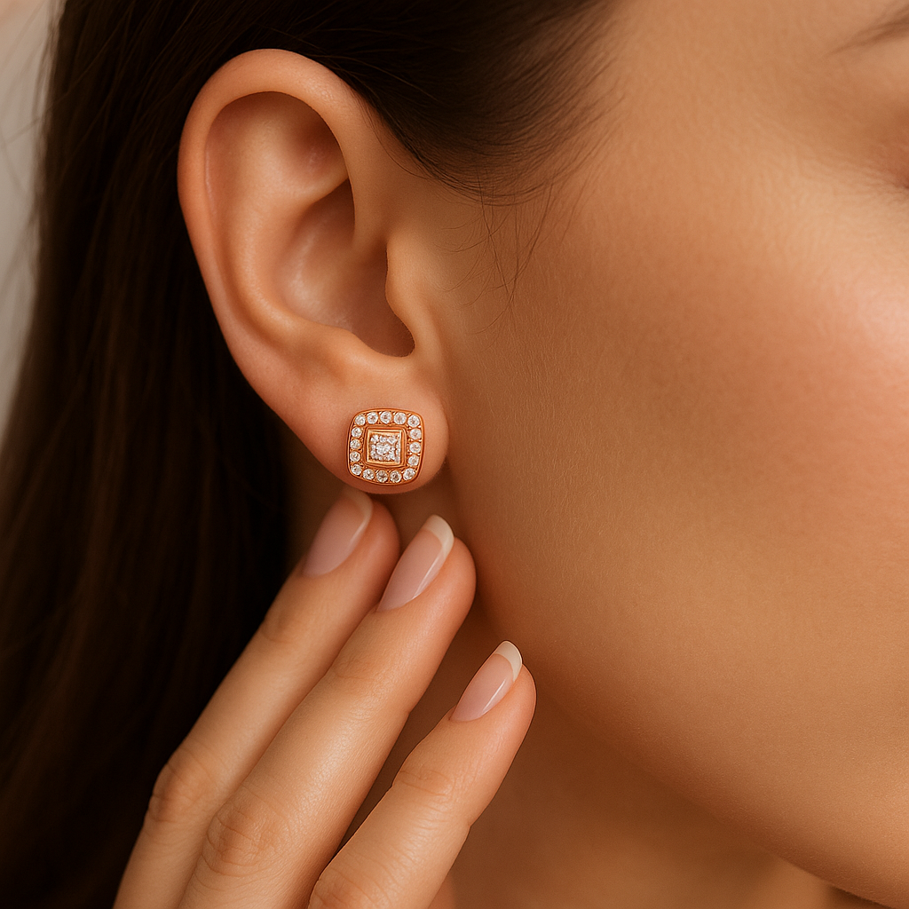 Rose Gold Square Halo CZ Studs