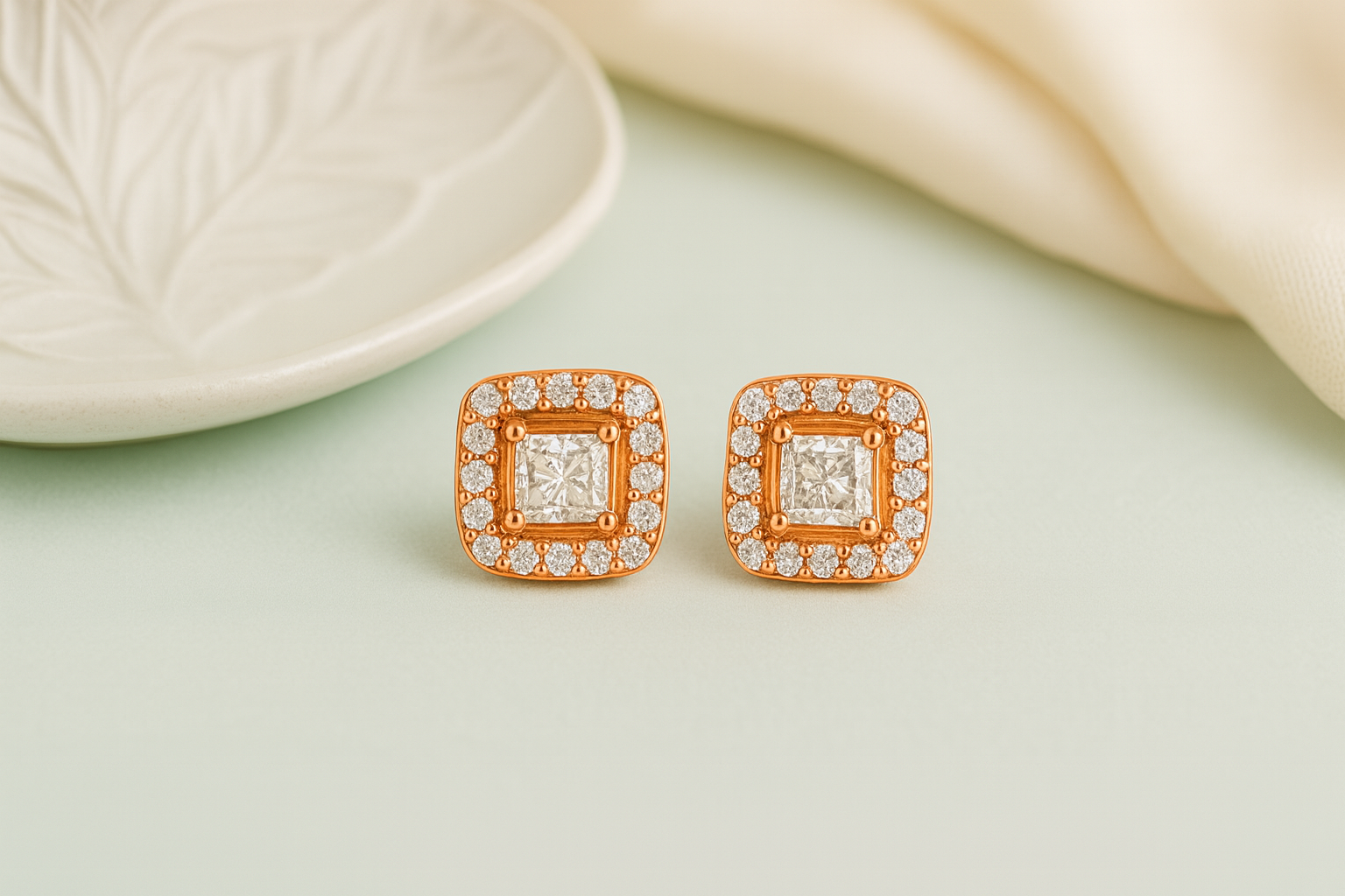 Rose Gold Square Halo CZ Studs