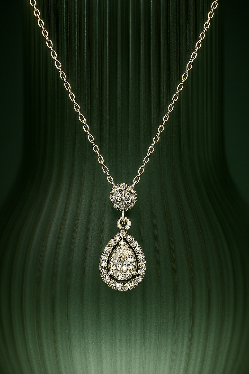 925 silver necklace with a teardrop pendant on a dark green background