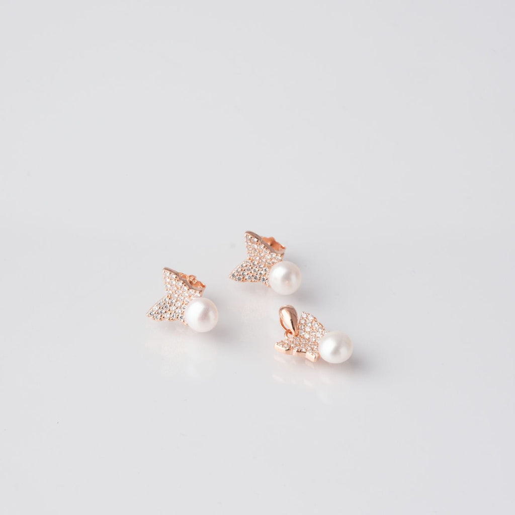 Rose gold plated Wings and Pearls pendant set