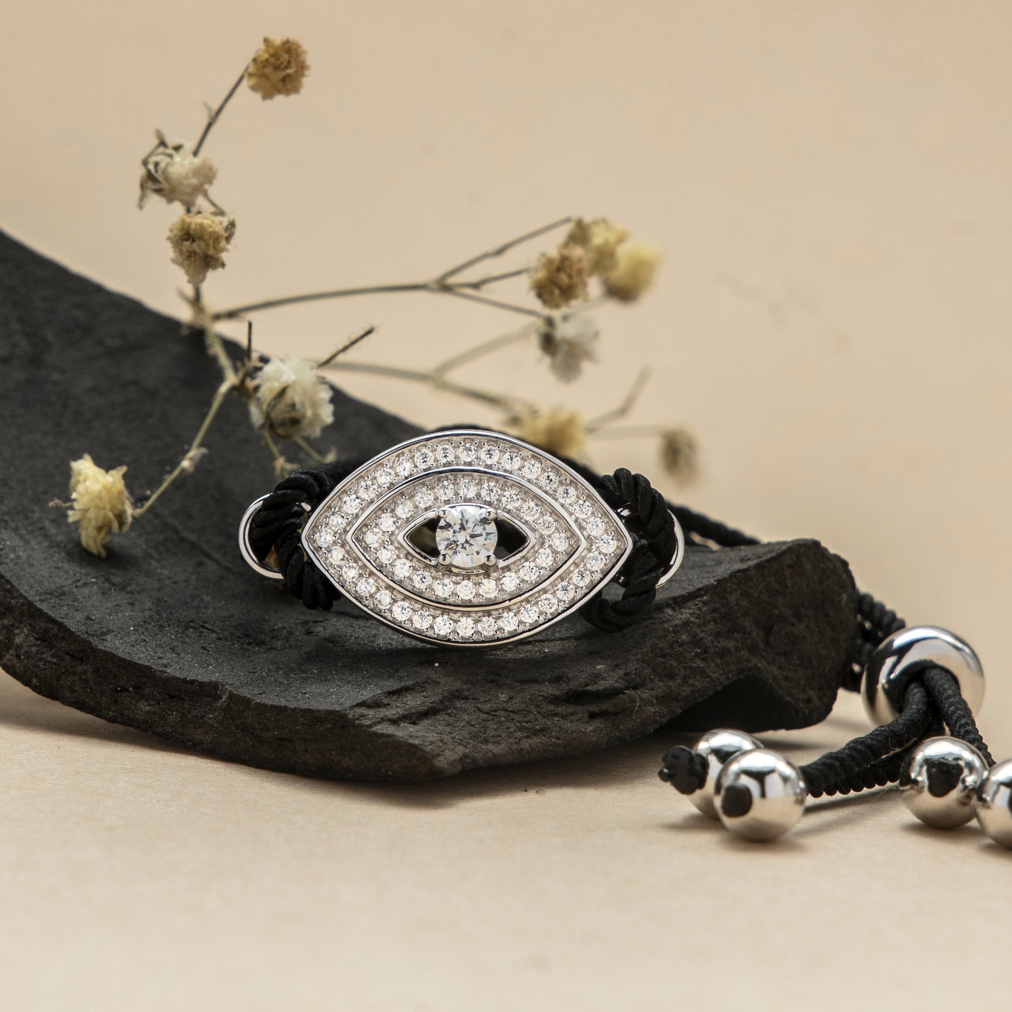 925 Sterling Silver Evil Eye Bracelet with CZ Stones - Adjustable Black Thread Jewelry for Protection and Style