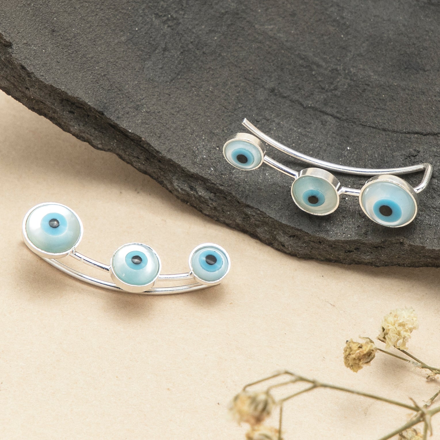 Evil Eye Stud Silver Ear Cuffs