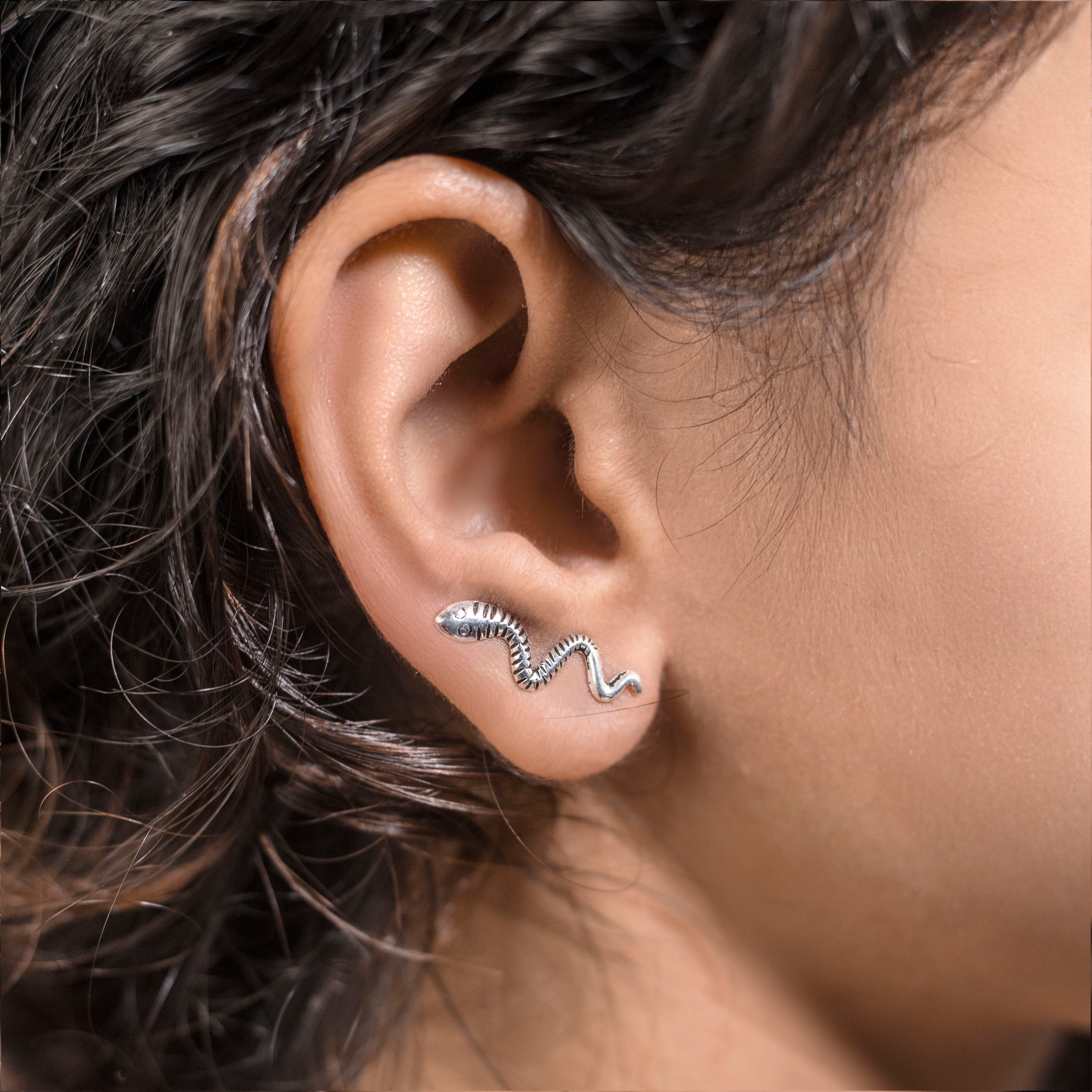 Minimalist Black Striped Silver Snake Ear Cuffs