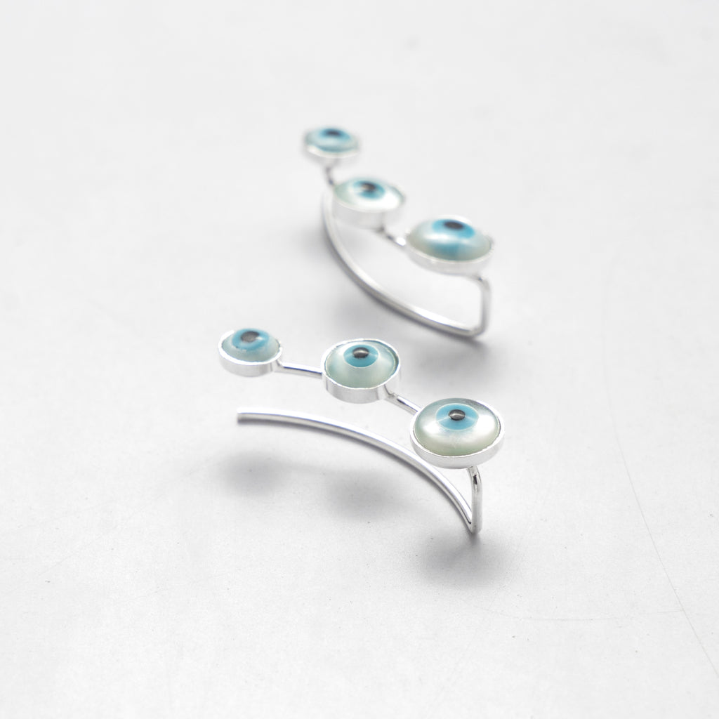 Evil Eye Stud Silver Ear Cuffs