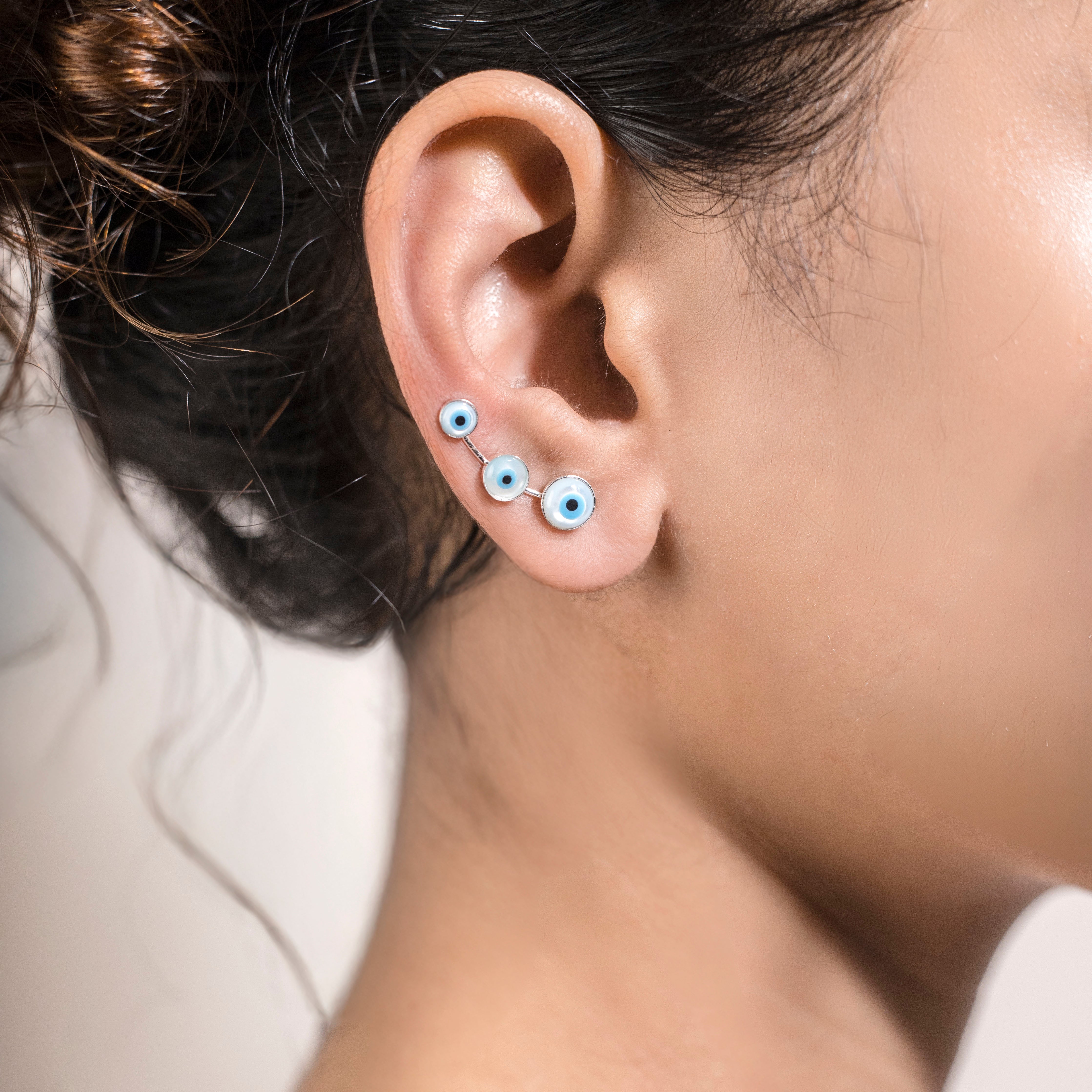 Evil Eye Stud Silver Ear Cuffs
