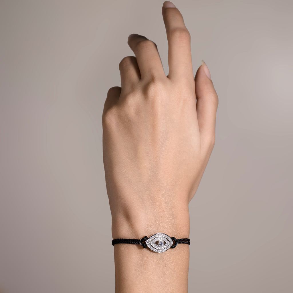 Sparkling CZ Evil Eye Bracelet in 925 Silver - Trendy Black Thread Bracelet for Everyday Wear
