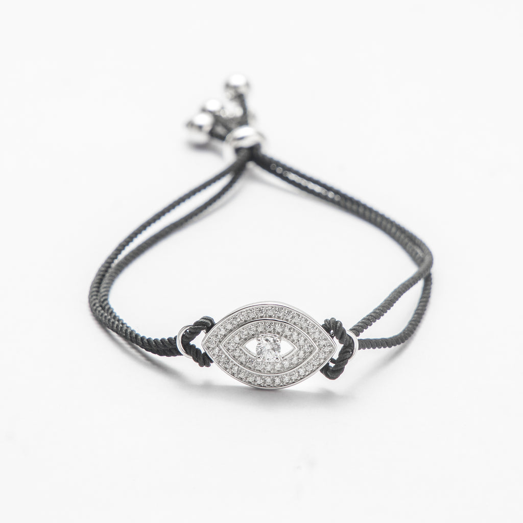 Silver Evil Eye Bracelet with Cubic Zirconia - Chic Adjustable Black Thread Accessory for Casual and Formal Looks