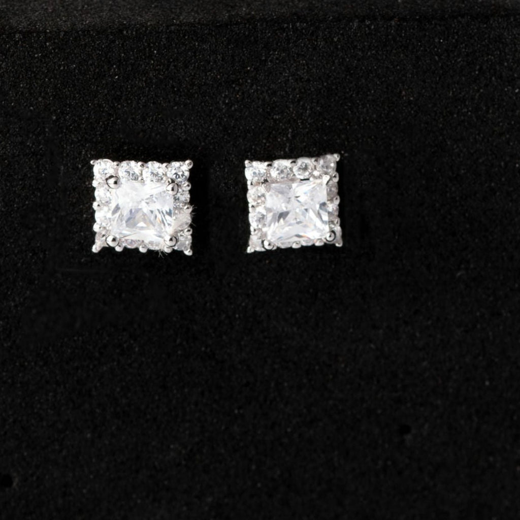 Square Sparkle silver CZ Stud Earrings