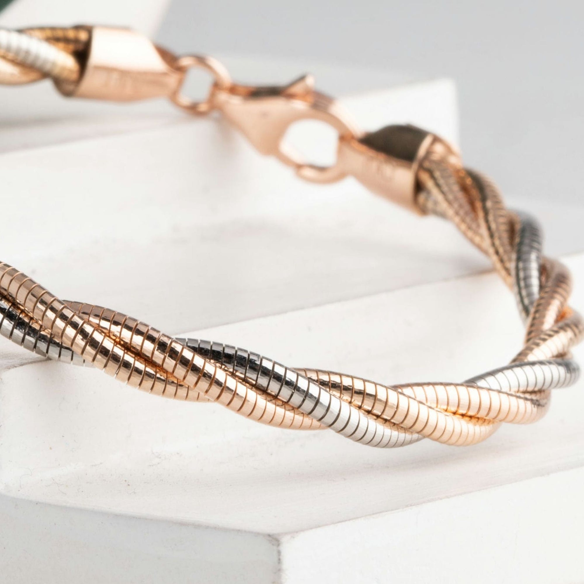 Dual Twisted Rose Gold & Silver Bracelet