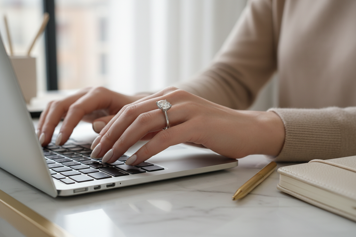women sitting in ofiice setting which is minimaln luxury asethetic working on laptop wearing a silver solitaire ring focus should be on the silver ring 